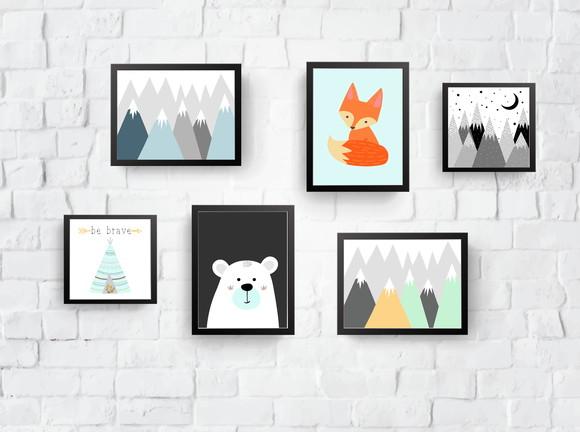 Quadros Infantil Montanhas Urso Raposa Be Brave