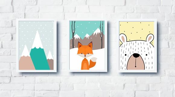 Quadros Infantil Montanhas Urso Raposa