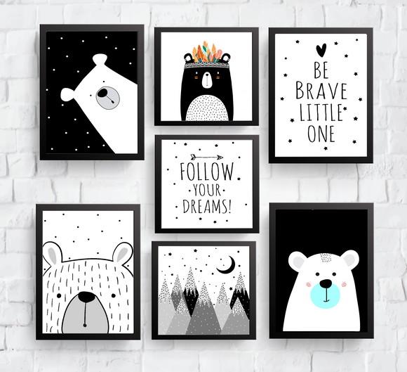 Quadros Infantil Montanhas Ursos Be Brave e Follow