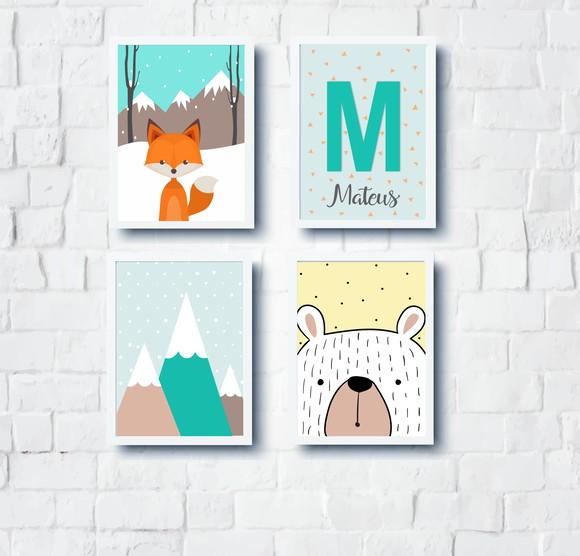 Quadros Infantil Montanhas Urso Raposa e Nome Personalizado