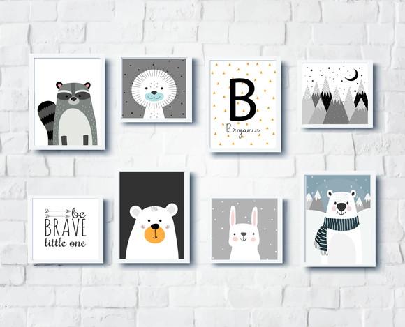 Quadros Infantil Montanhas Ursos Guaxinim Leão e Coelho