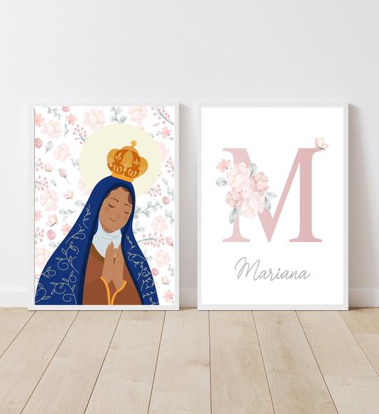 Quadros Infantil Nossa Senhora Aparecida e Nome Floral A3