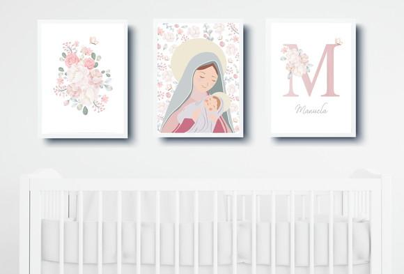 Quadros Infantil Nossa Senhora Floral e Nome Personalizado