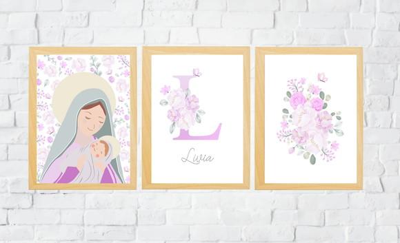 Quadros Infantil Nossa Senhora Floral Lilás e Nome A3