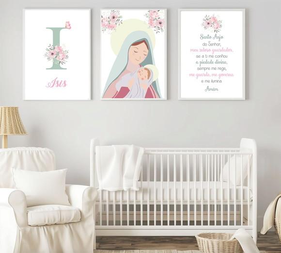 Quadros Infantil Nossa Senhora Flores Nome e Oração Anjo A3