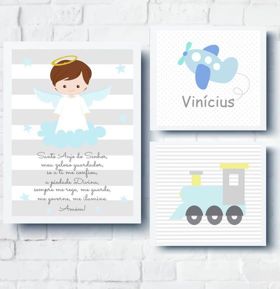 Quadros Infantil Oração Anjo Avião Nome e Trem