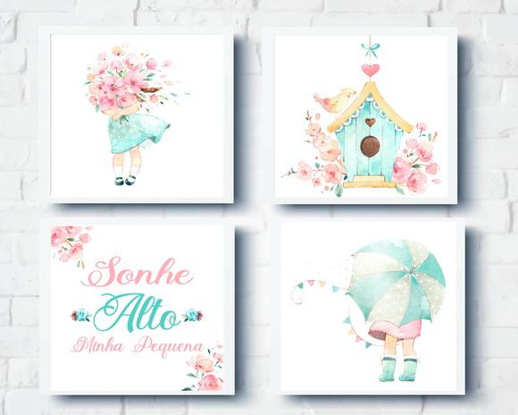 Quadros Infantil Quarto Bebê Menina Flores Jardim Aquarela