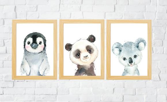 Quadros Infantil Pinguim Coala e Panda A4