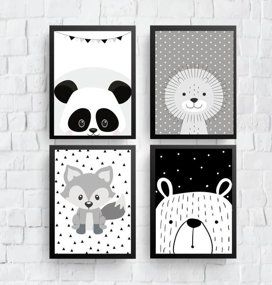 Quadros Infantil Panda Raposa Urso Leão Escandinavos A4