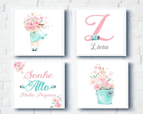 Quadros Infantil Quarto Bebê Menina Flores Jardim Aquarela