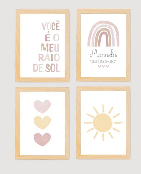 Quadros Infantil Raio de Sol Corações Rosê e Arco Íris A4