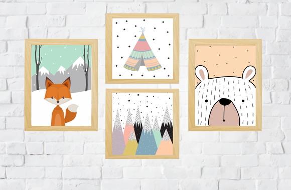 Quadros Infantil Raposa Montanhas e Cabana