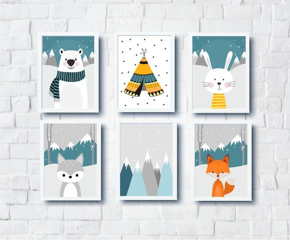 Quadros Infantil Raposa Montanhas Coelha Urso e Guaxinim