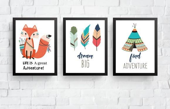 Quadros Infantil Raposa Penas e Cabana Tribal A4