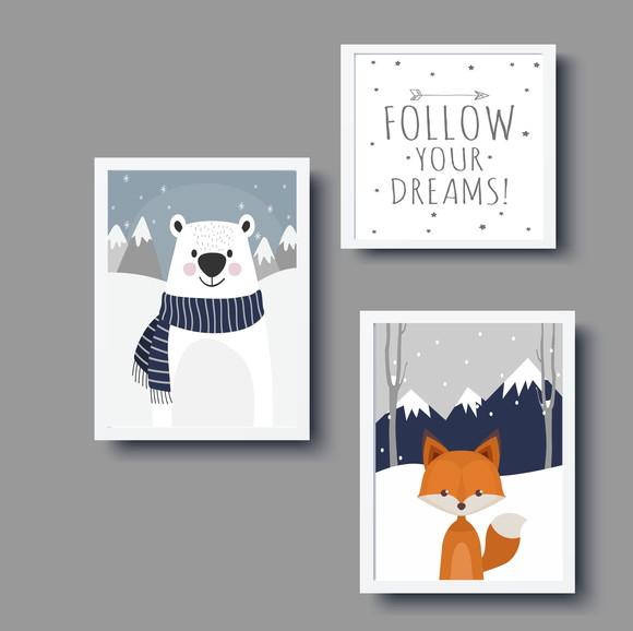 Quadros Infantil Raposa Urso e Follow Your Dreams