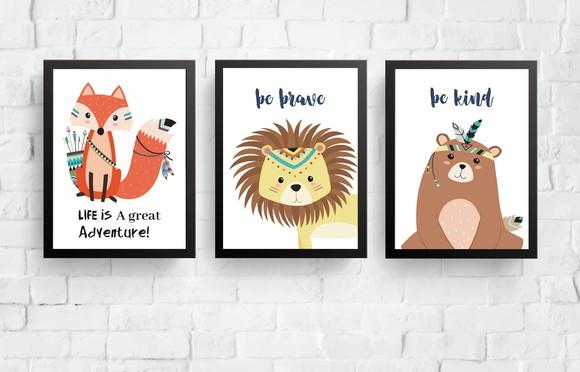 Quadros Infantil Raposa Urso e Leão Tribal A4