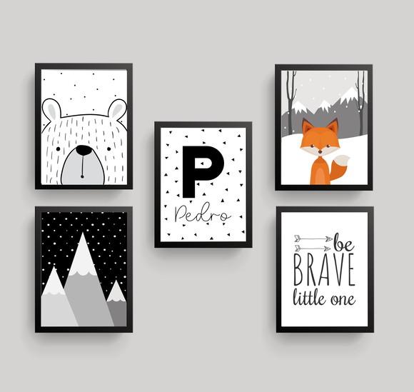 Quadros Infantil Raposa Urso Be Brave e Montanhas A4