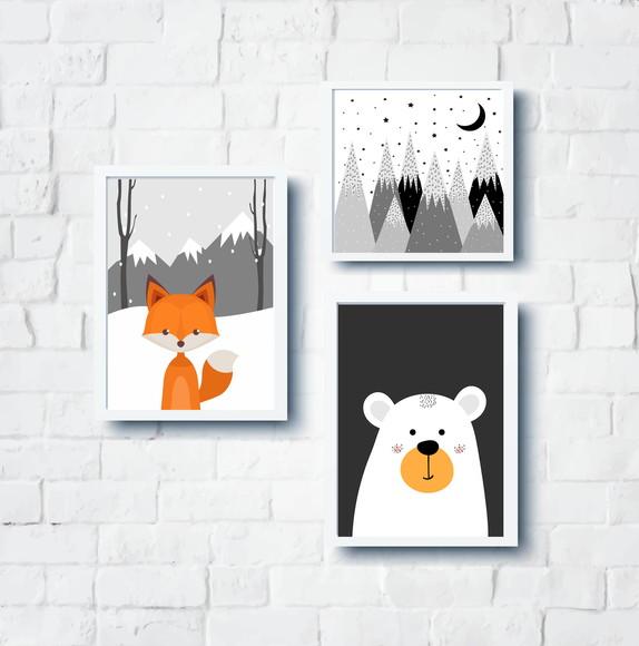Quadros Infantil Raposa Urso e Montanhas Escandinavas