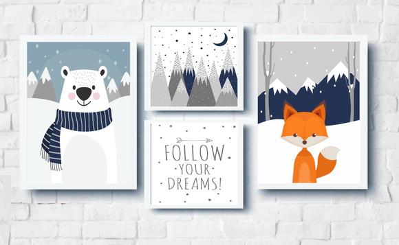 Quadros Infantil Raposa Urso e Montanhas Escandinavas