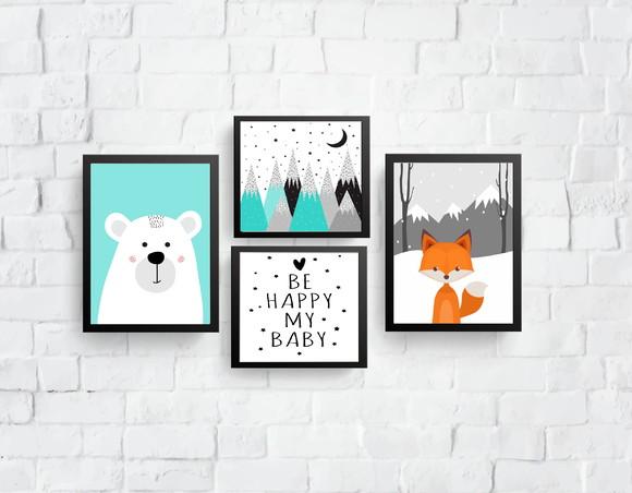 Quadros Infantil Raposa Urso e Montanhas Escandinavas