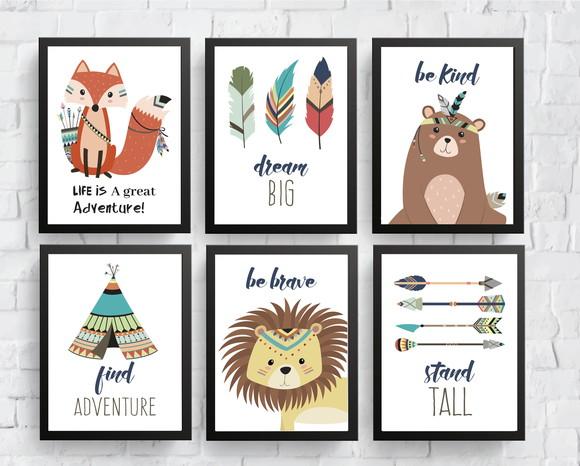 Quadros Infantil Raposa Urso Leão e Cabana Tribal A4