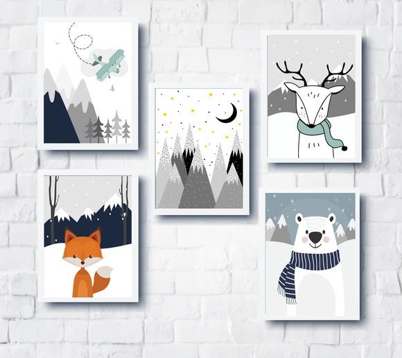 Quadros Infantil Raposa Urso Montanhas e Avião A4