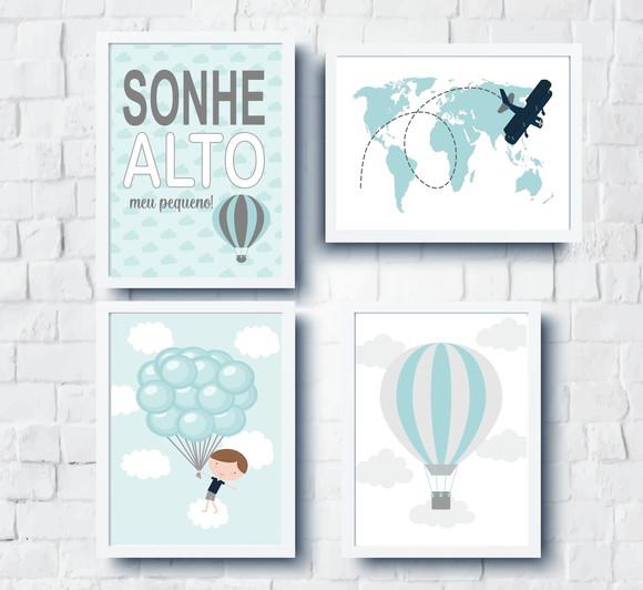 Quadros Infantil Sonhe Alto Balão Avião e Mapa Mundi