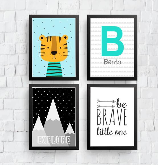 Quadros Infantil Tigre Be Brave Montanhas Nome A4