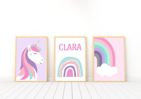 Quadros Infantil Unicórnio Nome e Arco Íris A4