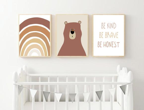 Quadros Infantil Urso c Borboleta Arco Íris e Be Brave A3