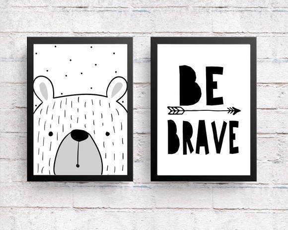 Quadros Infantil Urso Escandinavo e Be Brave A4
