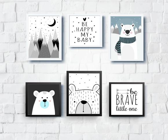 Quadros Infantil Urso Polar Montanhas Be Happy e Be Brave
