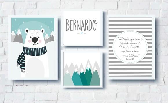 Quadros Infantil Urso Polar Montanhas e Nome Personalizado