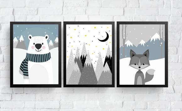 Quadros Infantil Urso Polar Montanhas e Raposa A4