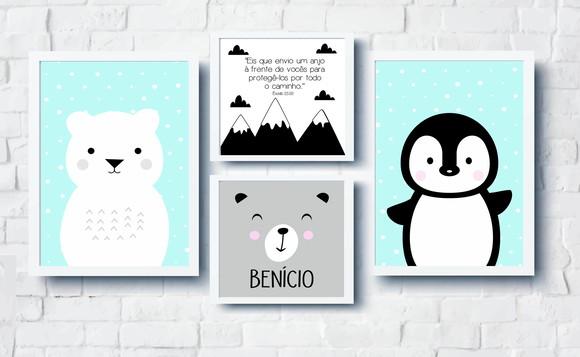 Quadros Infantil Urso Polar Pinguim Montanhas Versículo