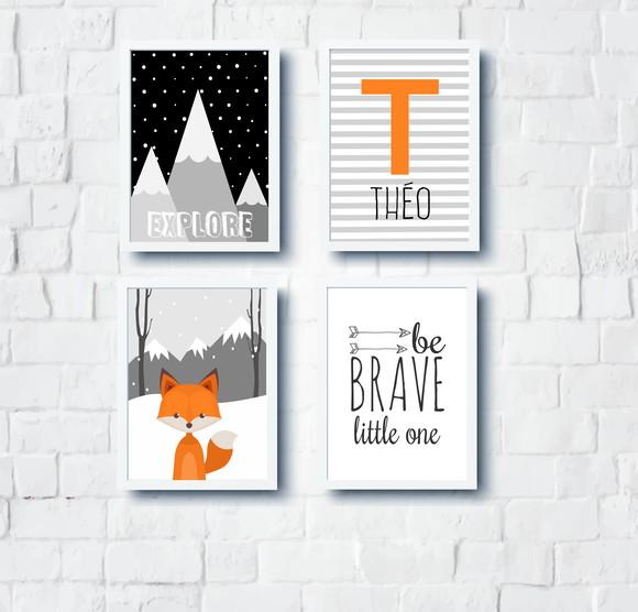 Quadros Infantil Urso Raposa Montanhas Nome A4