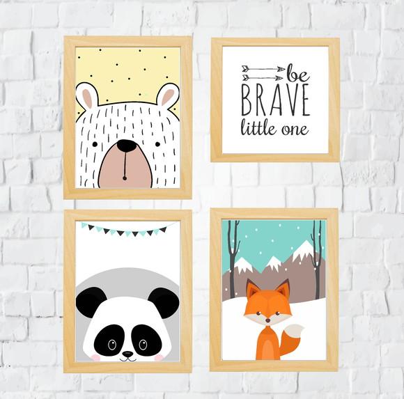 Quadros Infantil Urso Raposa Panda Be Brave