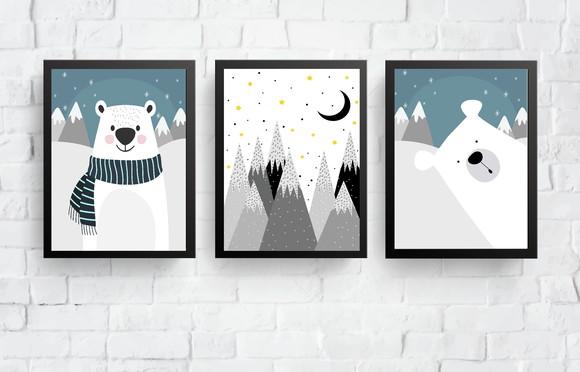 Quadros Infantil Ursos Polares e Montanhas Escandinavas A4