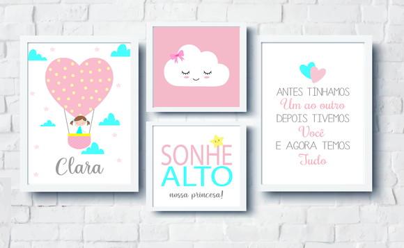 Quadros Menina Balão Nuvem Sonhe Alto