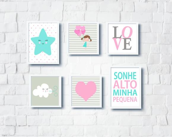 Quadros Menina Nuvem Estrela Balões Love Coração