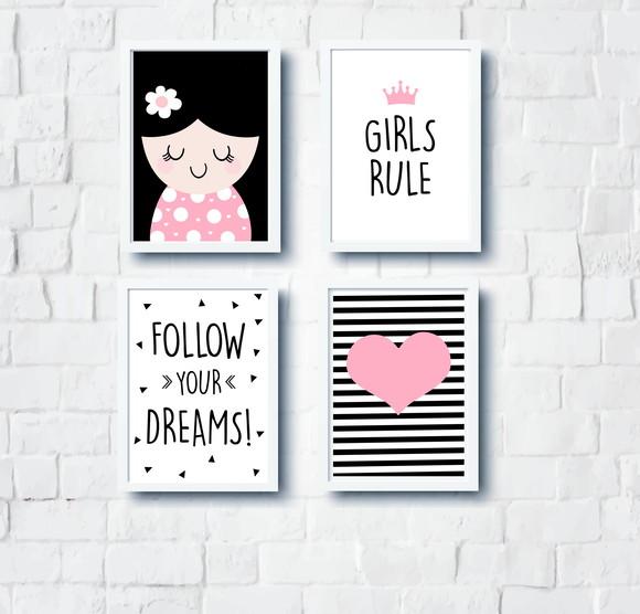 Quadros Menina Escandinava Girls Rule e Follow Your Dreams
