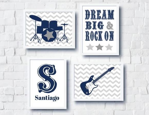 Quadros Menino Decor Rock N Roll Nome Personalizado