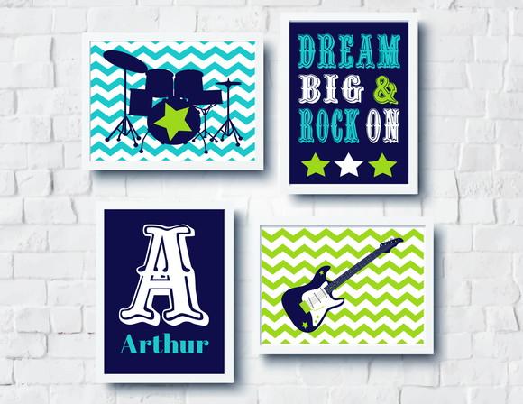 Quadros Menino Decor Rock N Roll Nome Personalizado