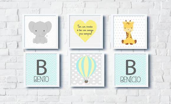 Quadros Meninos Irmãos Coração Girafa Elefante Balão Nomes