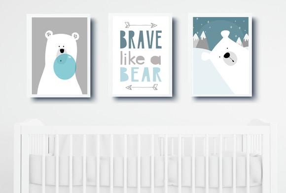 Quadros Quarto Bebê Ursos Polares e Brave Like a Bear A3