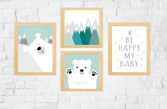 Quadros Quarto Escandi Infantil Ursos Be Happy e Montanhas