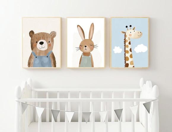 Quadros Quarto Infantil Animais Aquarela Urso Girafa A3