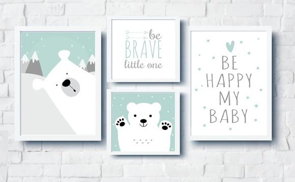 Quadros Quarto Escandinavo Infantil Ursos Be Happy Be Brave