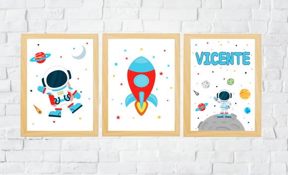 Quadros Quarto Infantil Astronauta Foguete e Nome A4