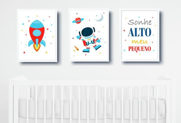 Quadros Quarto Infantil Astronauta Foguete e Sonhe Alto A3